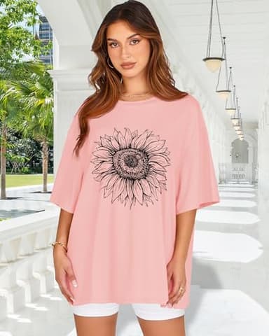 Womens Oversized Tshirt Graphic Tees Crew Neck Summer Short Sleeve Loose Fit Tops（Pink Sunflower, 3XL） - Image 2