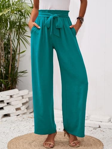 Heymoments Women's Wide Leg Lounge Pants with Pockets Turquoise X-Large Lightweight High Waisted Adjustable Tie Knot Loose Comfy Casual Trousers - Image 2