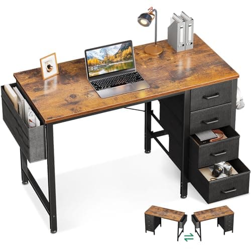 Casaottima 32-Inch Small Computer Desk with 4 Fabric Drawers — Home Office Desks with Storage, Writing Desk with Side Hook and Cloth Bag, Modern Study/Work Table for Bedroom and Small Space, Vintage - Image 1