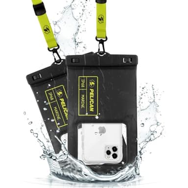 Pelican 2 Pack Marine - IP68 Waterproof Phone Pouch (XL Size) Floating Waterproof Phone Case - Beach Cruise Ship Travel Essentials - Works with All Phones - Detachable Lanyard - Black/Hi-Vis Yellow - Image 1