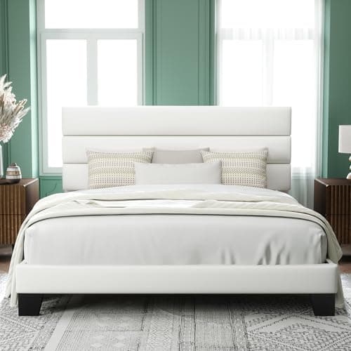 Allewie King Size Platform Bed Frame with Velvet Upholstered Headboard and Wooden Slats Support, Fully Upholstered Mattress Foundation/No Box Spring Needed/Easy Assembly, White - Image 1