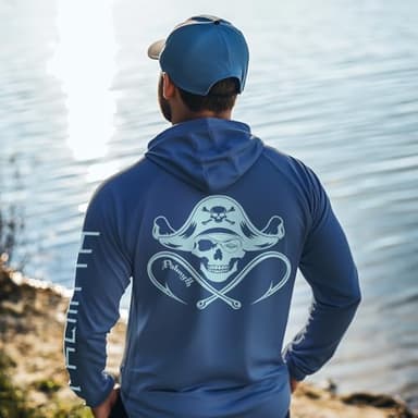 Palmyth Fishing Shirts for Men Long Sleeve Sun Protection Hoodie with UV UPF 50+ Neck Gaiter Navy Skull Pirate X-Large - Image 5