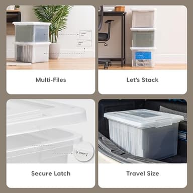 IRIS USA File Box, Plastic File Organizer with Lids for Letter/Legal File, Portable Document Box For Moving, Storage Bin with Durable and Secure Lid, Stackable Nestable BPA-Free, Clear 35 Qt. 4 Pack - Image 4