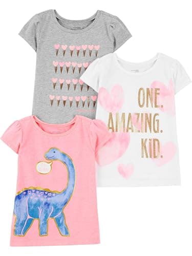 Simple Joys by Carter's Toddler Girls 3-pack Graphic Tees, pink dino, grey, white heart, 2T - Image 1