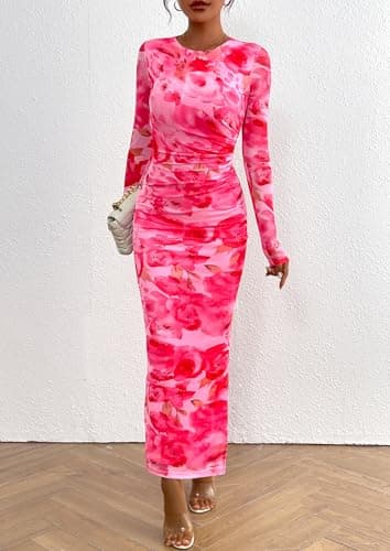 PRETTYGARDEN Women's Bodycon Maxi Dress Fall Spring Fashion Long Sleeve Floral Print Tight Fitted Party Club Ruched Dresses (Print Pink,X-Small) - Image 6
