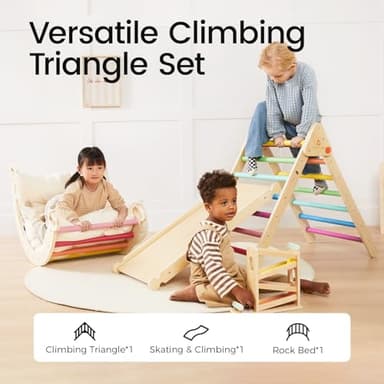 Tiny Land Pikler Triangle Set, 7-in-1 Foldable Pikler Triangle Climbing Toys Set for Kids,Baby Indoor Playground Jungle Gym, Wooden Montessori Climbing Set for Toddler (Rainbow) - Image 3