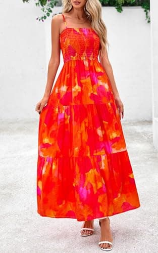 PRETTYGARDEN Summer Dresses for Women 2025 Spaghetti Strap Floral Maxi Dress Sleeveless Smocked Tiered Long Beach Sundress (Orange Red Flower,XXL) - Image 3