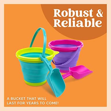 JOYIN Foldable Beach Bucket Set - 3 Packs Collapsible Toy Buckets with Shovels and Mesh Backpack for Kids Toddlers Party, Camping Gear, Travelling, Fishing Water Pail (Pink/Purple/Green) - Image 8