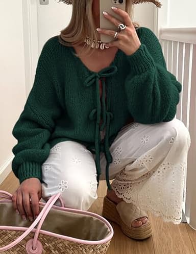 PRETTYGARDEN Women's Tie Front Bow Cardigan Sweaters Chunky Knit Long Puff Sleeve Trendy Fall Winter Jacket Coats (Dark Green,Medium) - Image 6