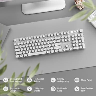 EWEADN Typewriter Style Mechanical Gaming Keyboard, Wired Mechanical Keyboards,104 Keys Backlit LED Keyboards, Media Control Knob, Wired Computer Keyboard Pink Switch for Windows/Mac/PC-White - Image 2
