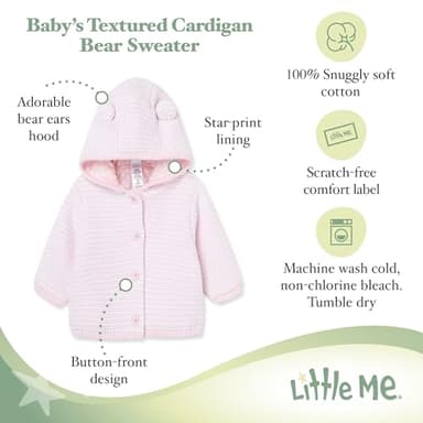 Little Me Clothes for Baby Girls' Essentials Hooded Bear Texture Cardigan Sweater, White/Pink, 3 Months - Image 3