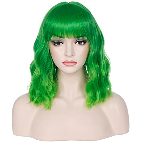 incohair 14 Inches Green Ombre Wig with Bangs Women Short Curly Wavy Bob Wig Shoulder Synthetic Halloween Party Wigs Wig Cap Included (Ombre Green - Image 1