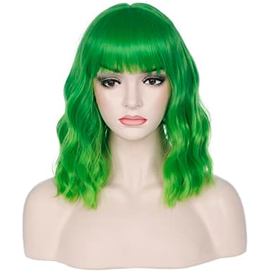incohair 14 Inches Green Ombre Wig with Bangs Women Short Curly Wavy Bob Wig Shoulder Synthetic Halloween Party Wigs Wig Cap Included (Ombre Green - Image 1