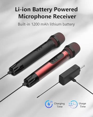 ROUWU Wireless Microphones, UHF Metal Dual Handheld Cordless Dynamic Karaoke Microphone Wireless, 1/4 "Output for Rechargeable Wireless Microphone, Wedding, Party,DJ, Church, Speech,Class Use, 240ft - Image 4