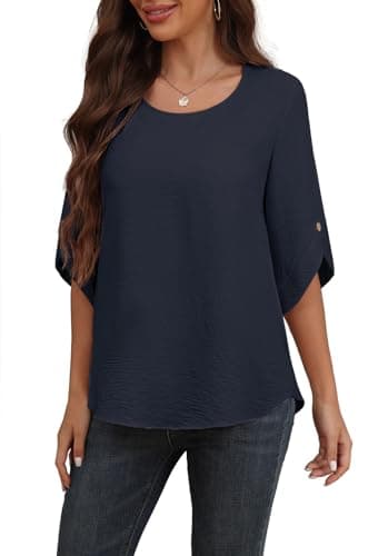 Askyes Women’s Chiffon Shirts 3/4 Sleeve 2025 Fashion Formal Blouses Summer Loose Fit Blouse Tops,Navy Blue,L - Image 4