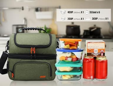 MIER Dual Compartment Lunch Bag Tote with Shoulder Strap for Men and Women Insulated Leakproof Cooler Bag, Army Green - Image 8