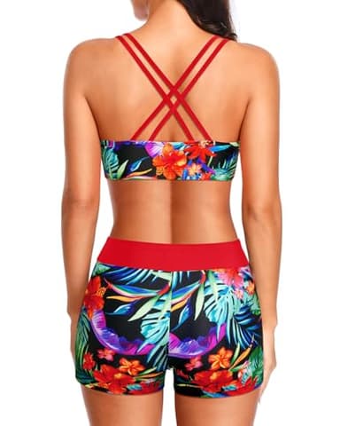 Holipick Red Floral 3 Piece Tankini Swimsuits for Women Tummy Control Bathing Suits Swim Tank Top with Bra Boy Shorts Teen Swimwear L - Image 4
