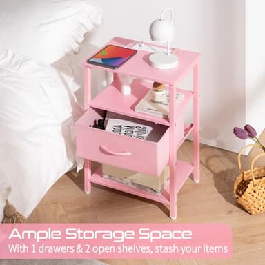 Yoobure Pink Night Stand with Charging Station, LED Nightstand for Bedroom, Bedside Tables with Adjustable Fabric Drawer, 3-Tier End Table Living Room, Small Side Table with Storage - Image 4