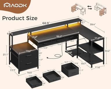 AODK L Shaped Desk with 5 File Drawers, 66" Reversible L Shaped Computer Desk with Power Outlet & LED Strip, Office Desk with Storage Shelves, Gaming Desk with Monitor Shelf, Corner Desk, Black - Image 3