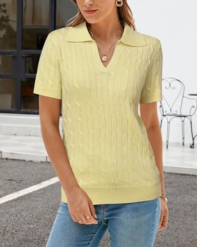 Arach&Cloz Women's Wool Blend Summer Tops Polo Shirts 2025 Cashmere Short Sleeve Cable Knit Spring Business Casual Outfits Trendy Collared Old Money Clothes Golf Work Blouse Sweater Yellow L - Image 2