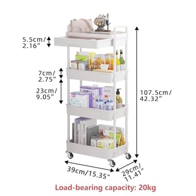 Calmootey 4-Tier Rolling Utility Cart with Drawer,Multifunctional Storage Organizer with Plastic Shelf & Metal Wheel,Storage Cart for Kitchen,Bathroom,Living Room,Office,White - Image 5
