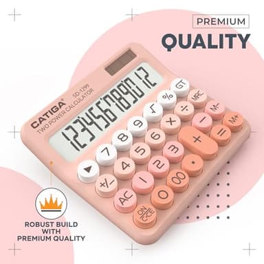 CATIGA Mechanical Switch Calculator with Solar and Battery Dual Power, 12-Digit Large LCD Display, Aesthetic and Cute Desktop Calculator with Big Button, for Home, School and Office Use, SD-1299 - Image 2