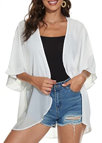 Women Summer Tops Kimono Cardigans Sheer Beach Cover Ups Chiffon Open Front Shirts （White,3XL - Image 1