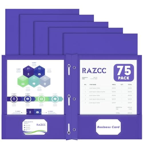 Two Pocket Folders, RAZCC 75 Pack Two Pocket Folders with Prongs, 3 Prong Folders Fit Letter Size Paper, Pocket File Folders for School Office Home Business, Purple - Image 1