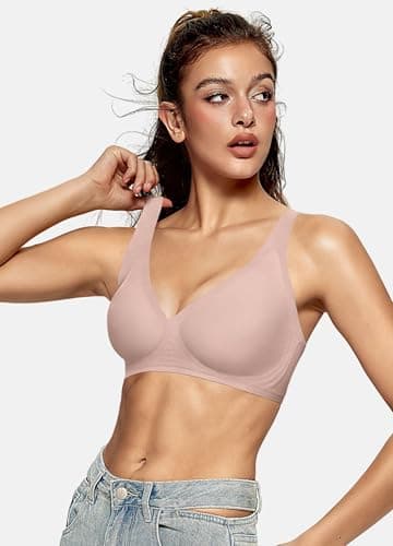 OEAK Womens Deep V Bras Wireless Comfortable Bra Supportive No Underwire Bras Tshirt Push Up Bralettes Plunge Seamless Bra Nude L - Image 5