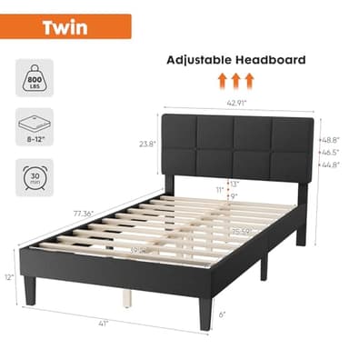 Sweetcrispy Twin Size Wood Bed Frame - Linen Upholstered Platform Bed with Headboard, No Box Spring Needed with 800LBS Sturdy Wooden Slats Support, Noise Free, Easy Assembly, Dark Grey - Image 2