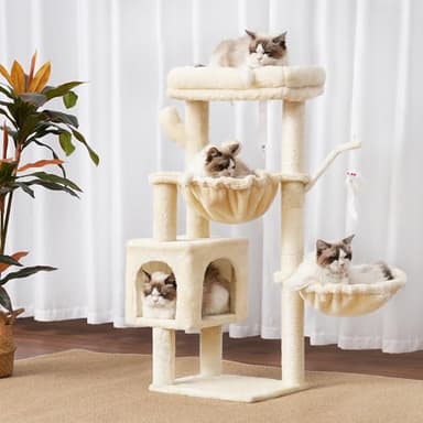 Heybly Cat Tree, 39.4 Inches Tower Condo with Scratching Post, Cat Tower for Indoor Cats, Fully Wrapped Sisal Pole, Soft Platform, 2 Baskets and Dangling Toy, Beige HCT006SM - Image 2
