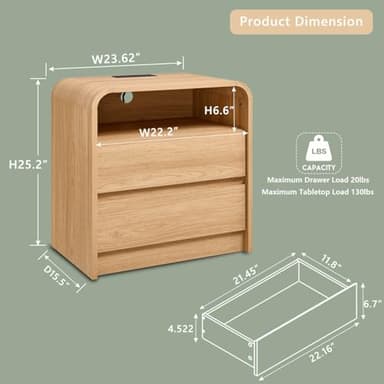 Aitjunz 25" Tall Modern Nightstand Set of 2, 23.6'' Wide Wood Bedside Table w/2 Storage Drawers, Charging Station, Mid Century End Table for Bedroom, Living Room,Curved Profile Design, Natural Oak - Image 3