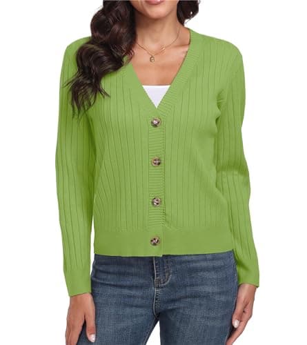 Women's Green Casual Dressy Stirped Cardigan with V Neck Button Sweaters Crew Neck Lady Lightweight Jacket 2024 Fall Winter Size M - Image 1