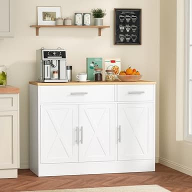 Shintenchi 3 Doors Farmhouse Sideboard Buffet Cabinet,41" Barn Doors Buffet with Storage,Wood Coffee Bar Cabinet with Adjustable Shelf for Kitchen,Living Room,White - Image 2