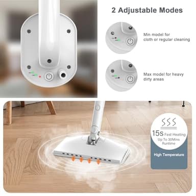 Steam Cleaner, 6 in1 Rotated Steam Mop Cleaner with 2 Modes, 2 Microfiber Pads, 400ML Removable Tank, 23FT Power Cable, Detachable Steam Mops for Floor, Laminate Floor, Tiles Cleaning (White) - Image 2