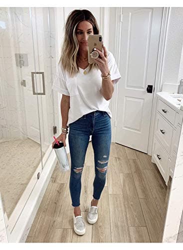 MIHOLL Women's Short Sleeve V-Neck Shirts Loose Casual Tee T-Shirt (White, Large) - Image 6