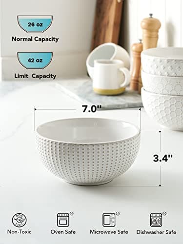 LE TAUCI Large Soup Bowl 42 OZ, Ceramic Kitchen Bowl Set for Soup, Pho, Chip, Pasta, Fruits, Salad, Noodle and Ramen- 7 Inch, Set of 4, Arctic white - Image 4