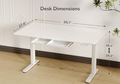 INNOVAR Glass Standing Desk with Drawers, 55×27.6 Inch Adjustable Stand Up Desk Quick Install Home Office Computer Desk, Super White - Image 3