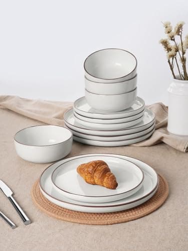 Famiware Mercury Plates and Bowls Sets, 12 Pieces Stoneware Dinnerware Sets, Dishes Set for 4, Microwave and Dishwasher Safe, White - Image 2