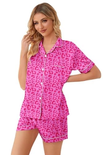 Women Silk Pajamas Sets Satin Button Up Pajama Silky Summer Sleepwear Pjs Set, Hot Pink Leopard, Medium - Image 5