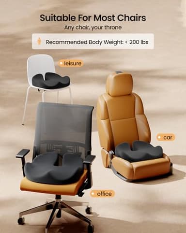 ProtoArc Seat Cushion, Office Chair Cushion for Sciatica, Coccyx Cushion, Ergonomic Memory Foam Seat Cushion for Car, Home, Pressure Relief Pad for Hip, Tailbone, All Day Comfort - Black - Image 6