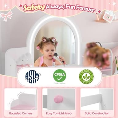 MU Kids Vanity with Lights, Princess Makeup Vanity Desk with Open Bookshelf, Storage Cabinet & Shelves, 2 in 1 Toddler Vanity Table & Chair Set with Lighted Mirror for Little Girls (White) - Image 5