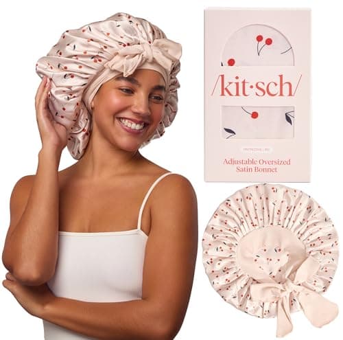 Kitsch XL Satin Bonnet for Sleeping - Softer Than Silk Bonnet For Sleeping Women - Secure Fit, Adjustable, Night Cap For Curly & Textured Hair - Prevents Breakage, Tangles & Thinning - Cherry Print - Image 1