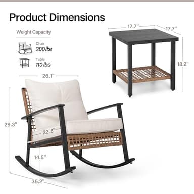 LAUSAINT HOME 3-Piece Rocking Bistro Set, Outdoor Patio Furniture with Thick Cushions and 2-Tier Coffee Table, Oversize Rattan Conversation Set for Garden, Balcony, Backyard (Beige) - Image 2