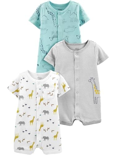 Simple Joys by Carter's Baby 3-Pack Snap-up Rompers, Aqua Blue Forest Animals/Grey Mini Stripe/White, 6-9 Months - Image 1