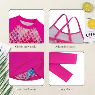 Kids Bathing Suits Girls Swimsuit Size 7 Rash Guard Long Sleeve Swim Shirt with Swim Skirt Rose Red - Image 5