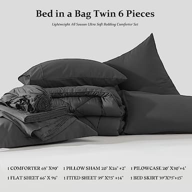 Newspin Twin Comforter Set Dark Grey - Bed in a Bag Twin Size 6 Pieces, All Season Bed Set, Fluffy Comforter Set with Sheets, Sheet Set Quilt Blanket, Pillowcases & Shams & Bed Skirt - Image 8