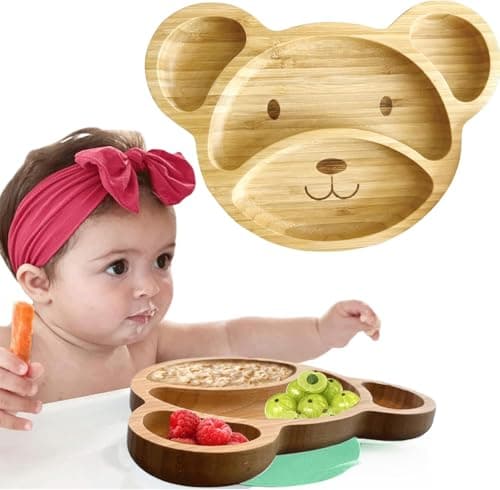 Bamboo Plates for Kids - Baby & Toddler Plates with Suction for Feeding & Weaning, Eco-Friendly Bear Design Promotes Self-Feeding, Ideal for Busy Moms & Dads, Sturdy & BPA-Free (Mint) - Image 1