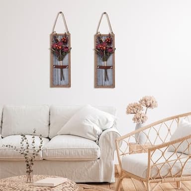 Yorkmills Wood Wall Decor & Red Artificial Flowers Set of 2, Grey Wall Art Decor with Fake Flower Bouquet, Rustic Wall Art Home Farmhouse Wall Decor for Living Room, Dining Room, Bedroom, Bathroom - Image 3