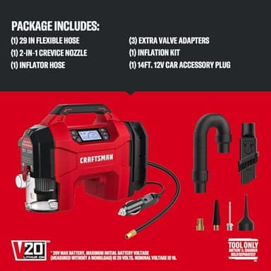CRAFTSMAN 3-in-1 Tire Inflator, 160PSI Portable Air Compressor/Car Vacuum/Dust Blower, 20V Cordless & 12V Car Power, Air Pump with LED Light for Cars Trucks RV Tires (Battery Sold Separately) - Image 8